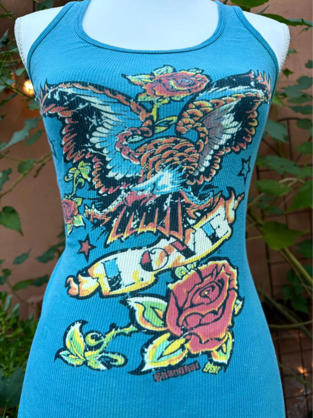 Aqua Blue Love Rose Ribbed Knit Womens Tank Top Size M Women