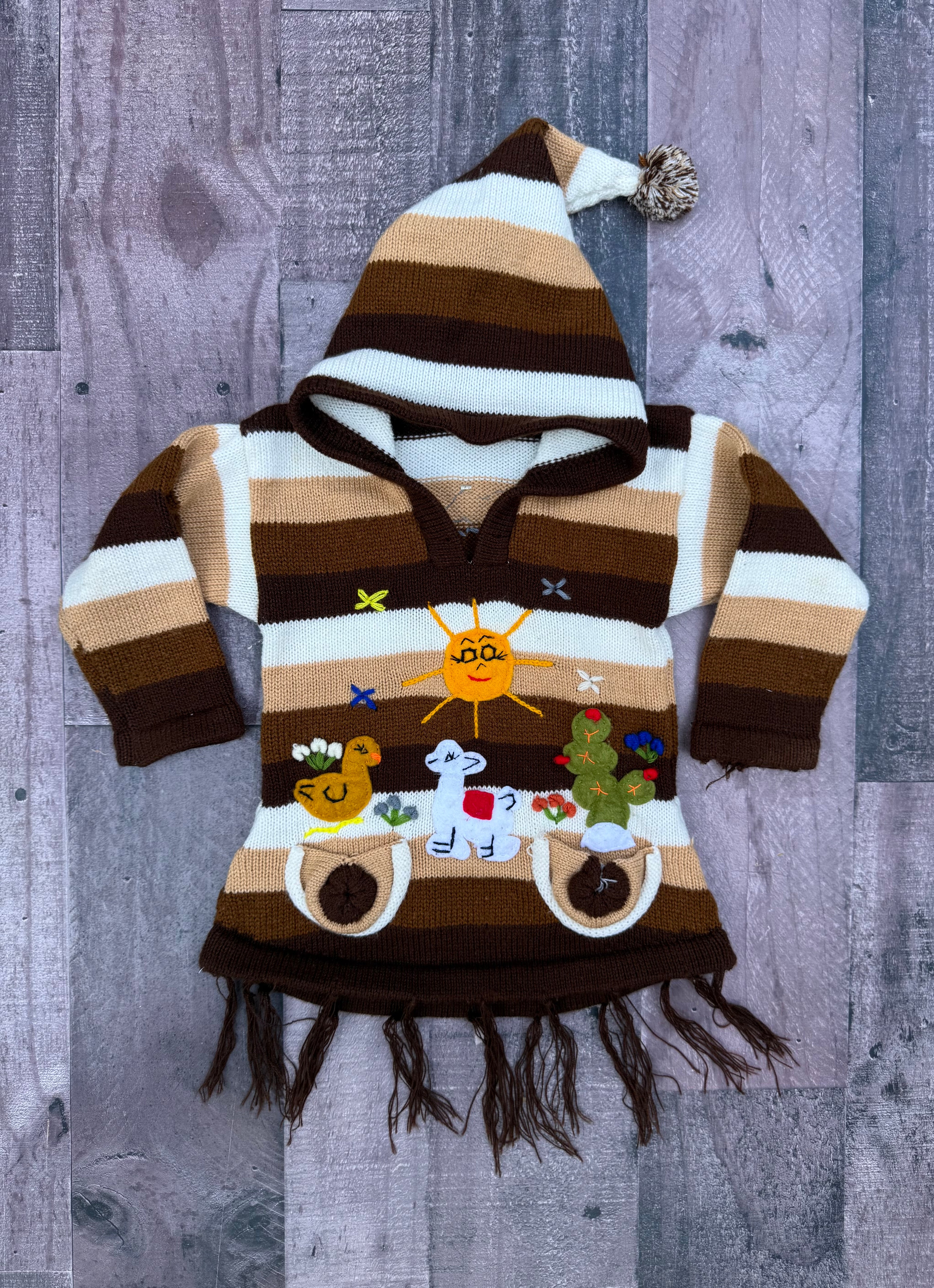 Kid Girl Or Boys Peruvian Brown Stripe Embroidered Sweater Best Fits 12M or 18M