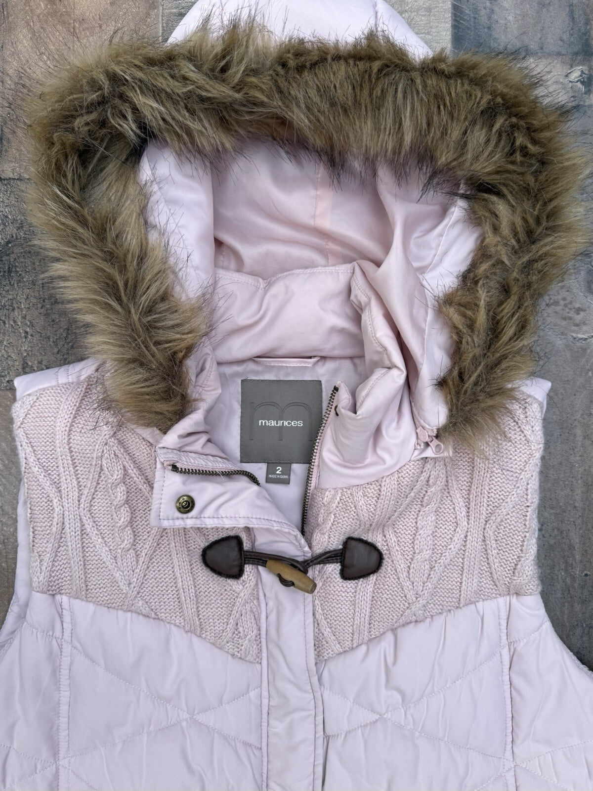Maurices Women's Pink Quilted Puffer Vest Detachable Faux Fur Hood Size S