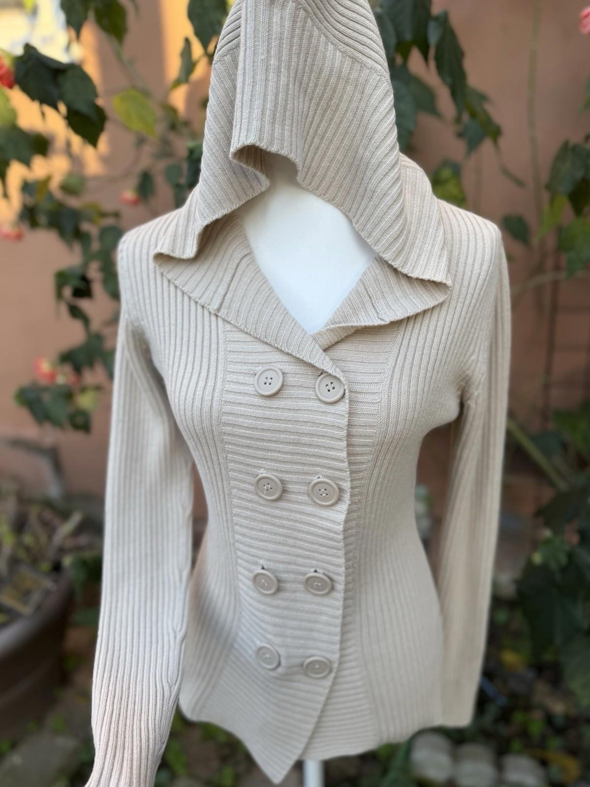 Takeout Tan Ribbed Button Up Cardigan Sweater With Hood Size L