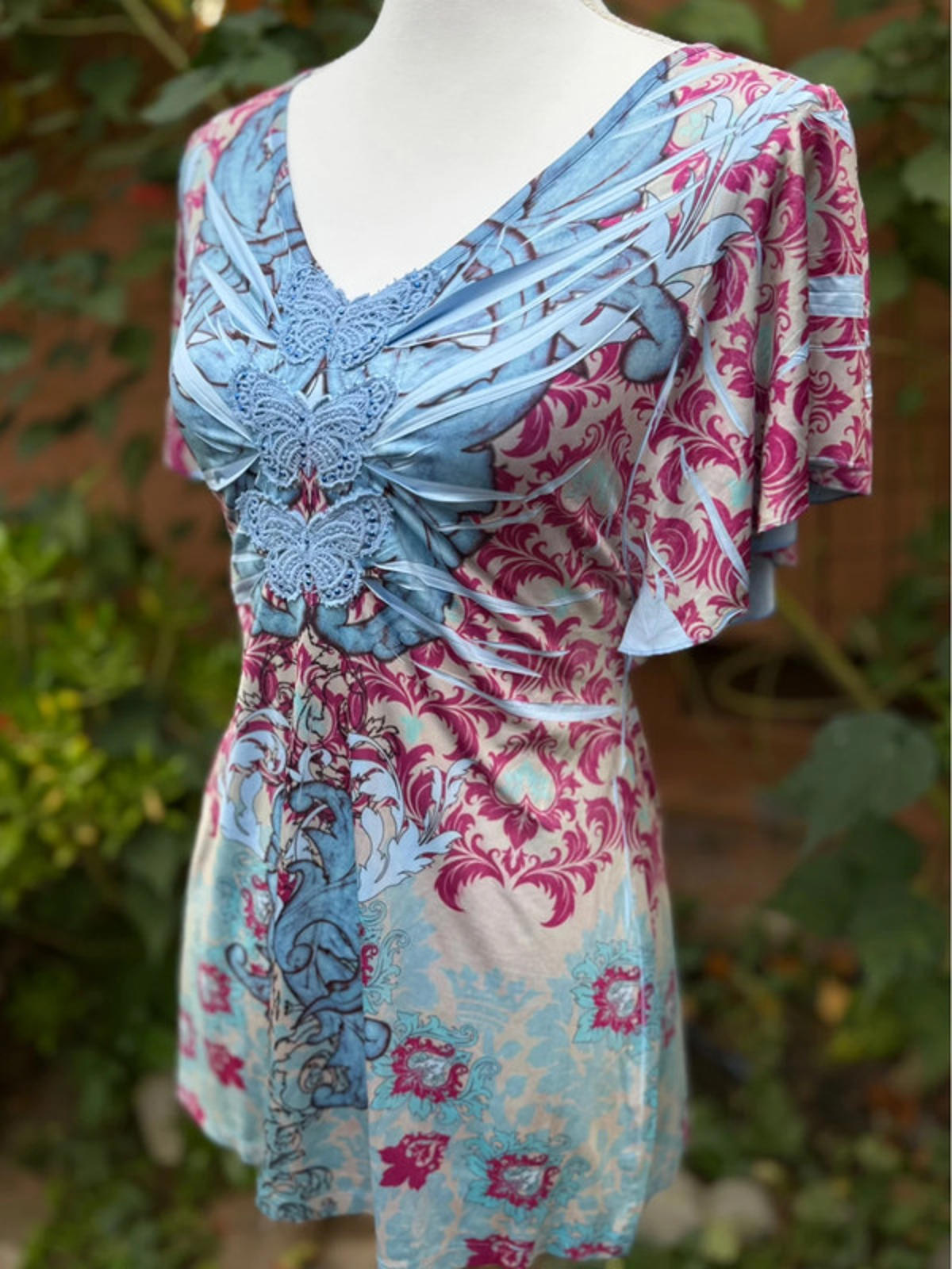 One World Live And Let Live Fairy Core Embroidered Butterfly Top