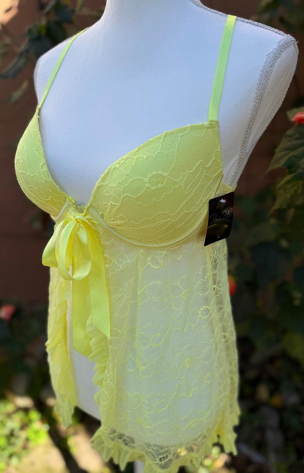 Rene Rofe Yellow Lace & Bow Baby Doll Top & Thong Lingerie Set Size M