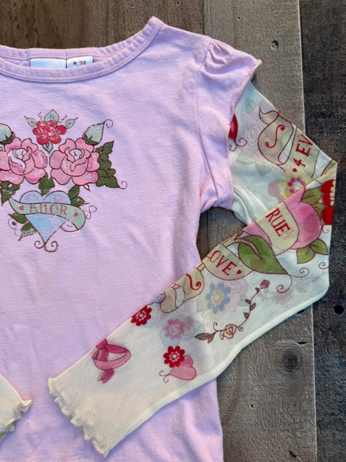 Xhilleration Girls Pink Amor Love Mesh Sleeved Vontage Tee Size 14/16