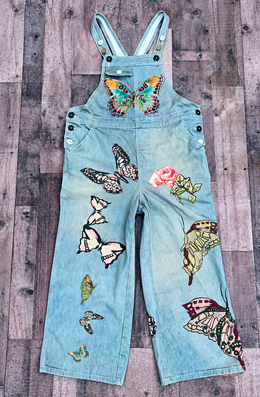 Y2K Women's Blue Denim Butterfly Print Overall Jumpsuit Size M