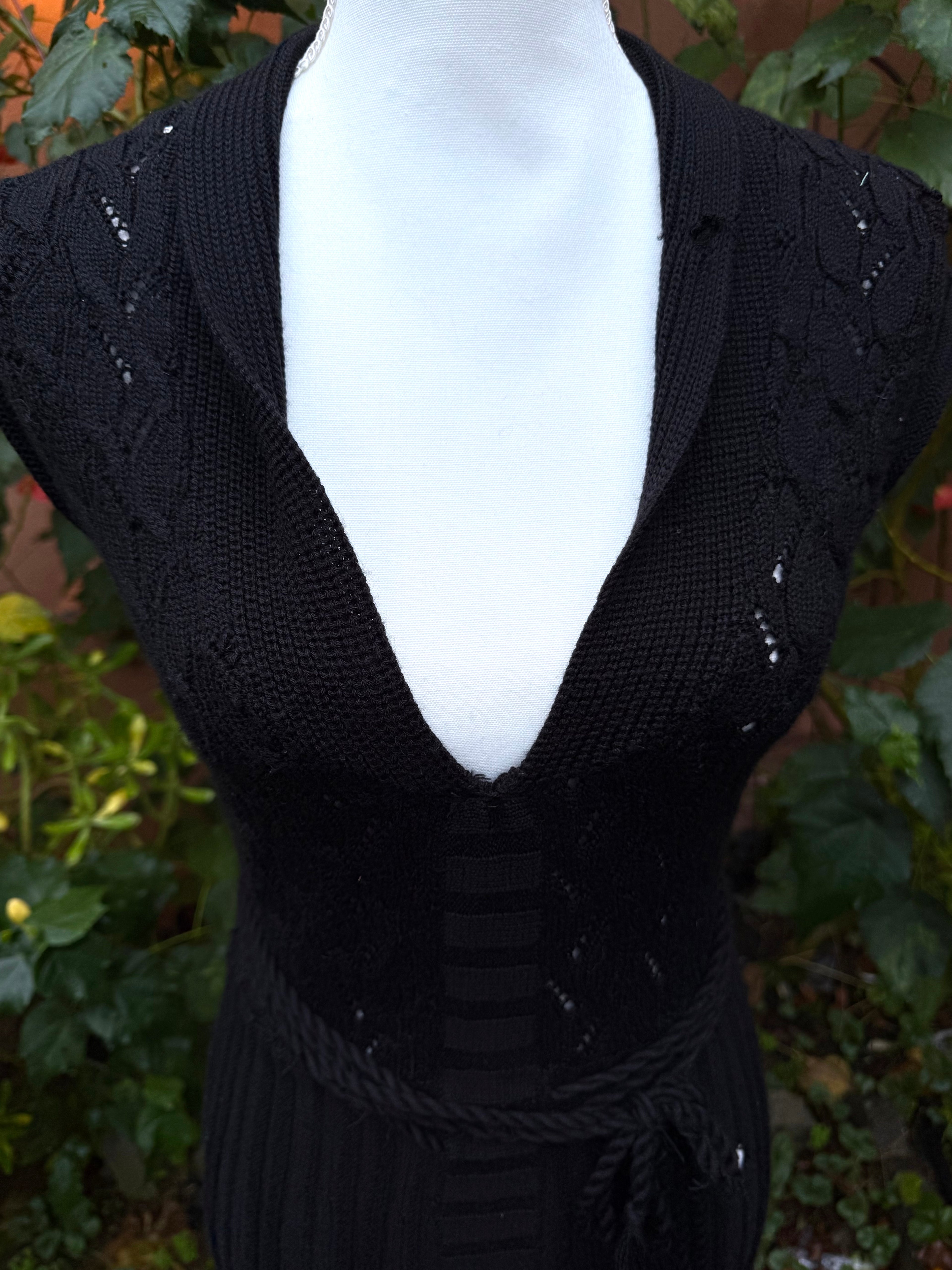 TapeMeasure Grunge Crochet Black Cable Knit Fringe Dress Size S