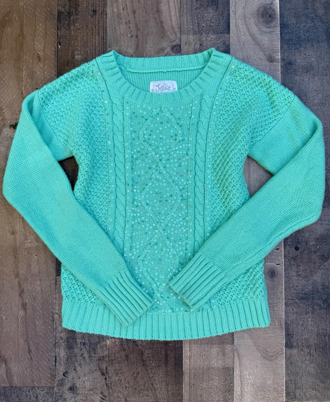 Justice Kid Girl Aqua Sequins Long Sleeved Sweater Size 14