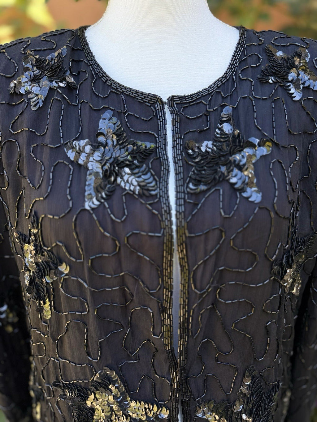 Swee Lo black silk beaded sequin floral open front jacket size L, beading close up