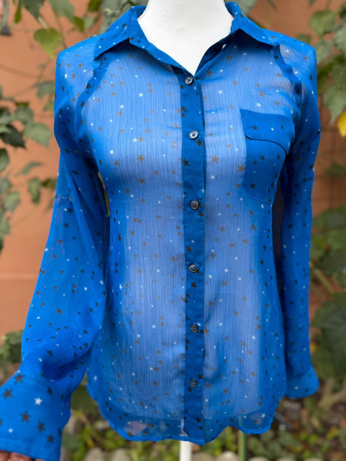 Express Blue Mesh Black Star Print Top Women’s Size S