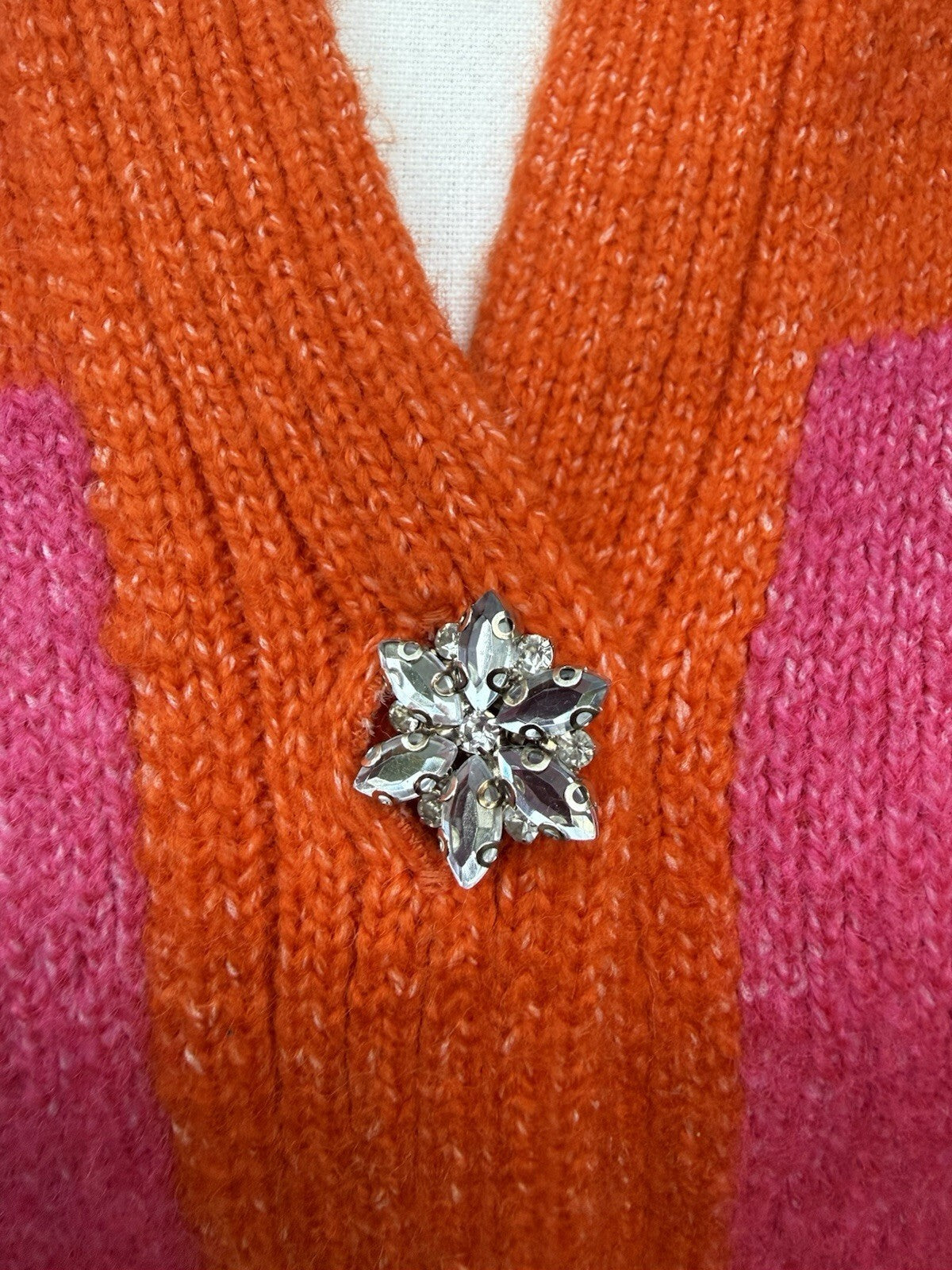 MNG pink and orange geometric knit button front cardigan sweater size XXL, detail view