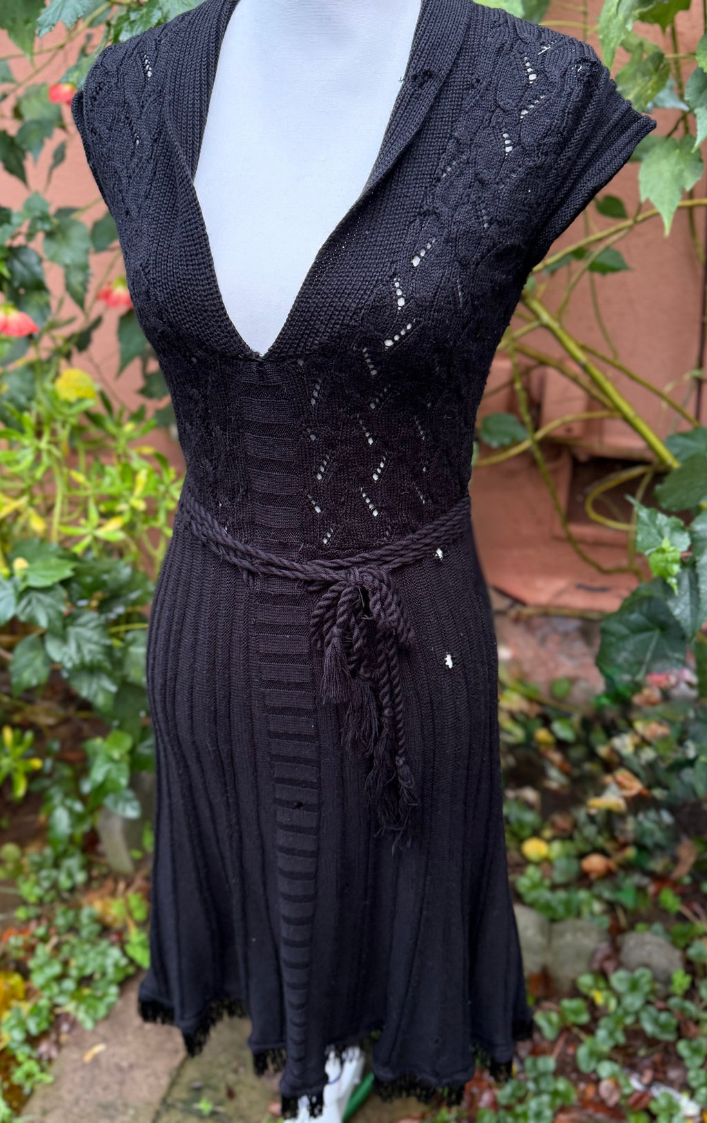 TapeMeasure Grunge Crochet Black Cable Knit Fringe Dress Size S