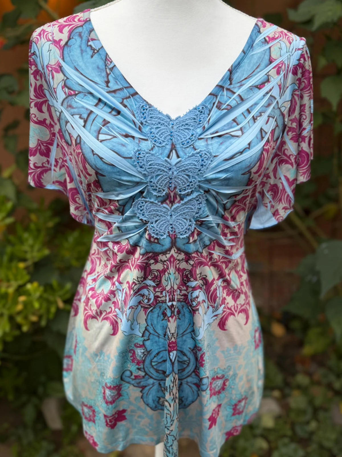 One World Live And Let Live Fairy Core Embroidered Butterfly Top