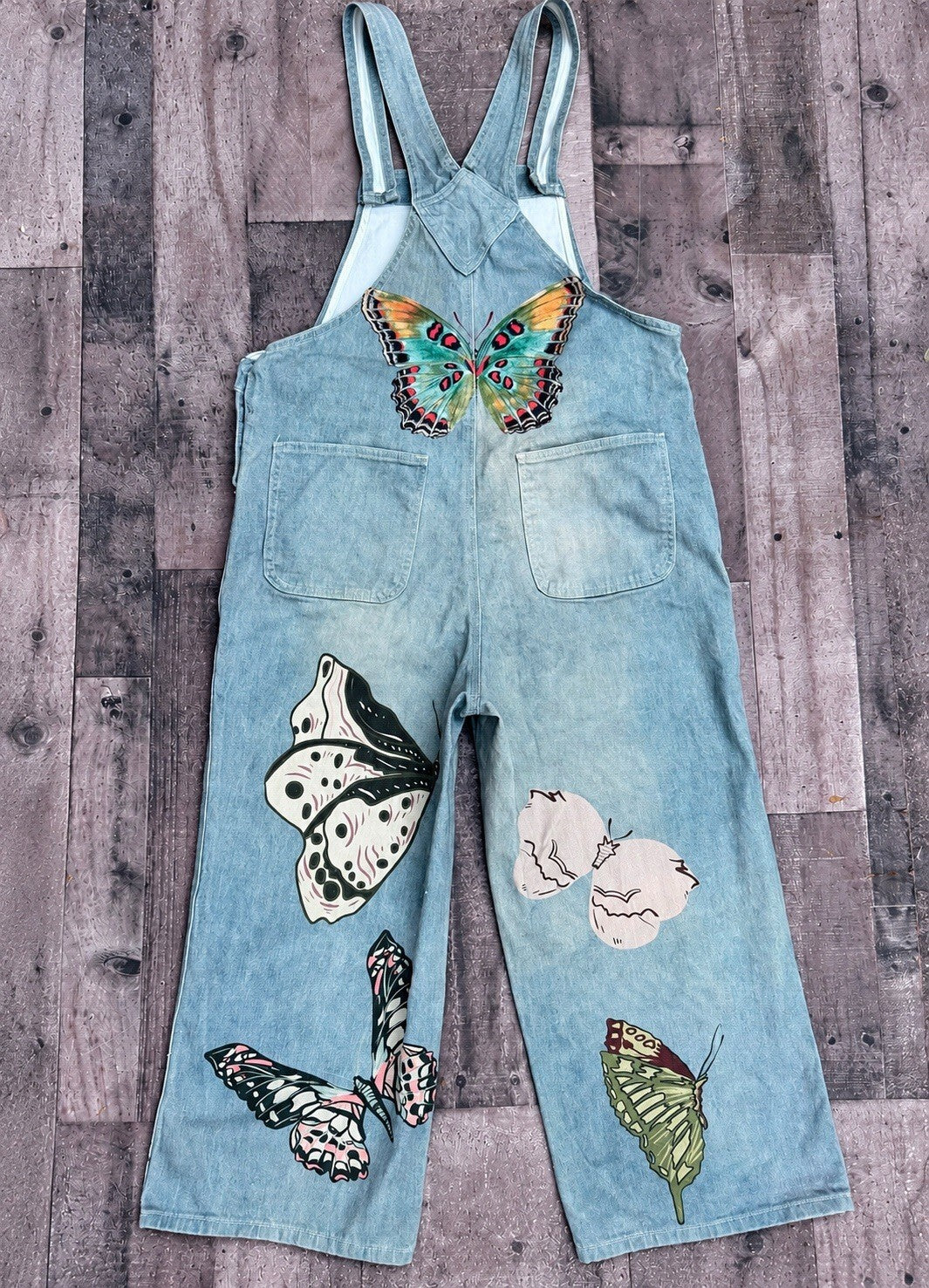 Y2K Women's Blue Denim Butterfly Print Overall Jumpsuit Size M