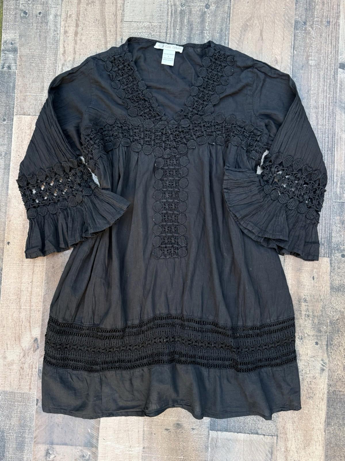 Cute Options Black Crochet Baby Doll Bell Sleeved Blouse Top Size L