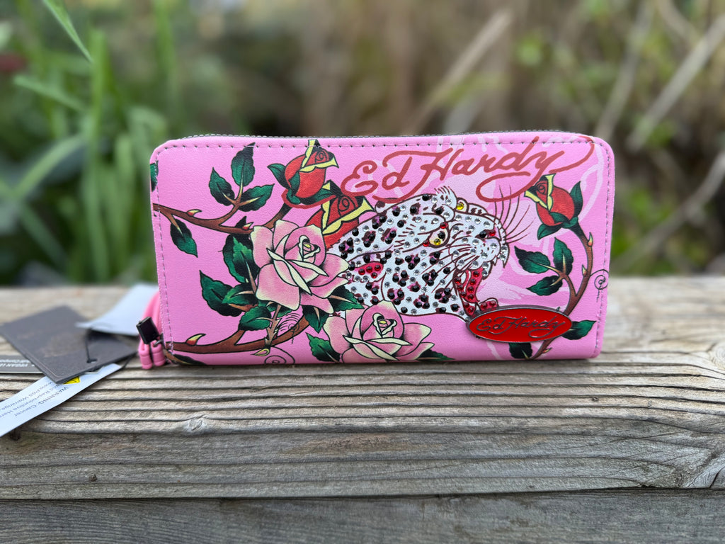 Ed Hardy Pink Floral Leopard Zip Wallet With Rhinestones