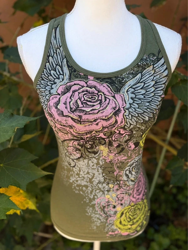 Bongo olive green graphic tank top displayed on a white mannequin torso, featuring a large pink rose with gray wings and distressed splatter details, set against a background of green foliage.