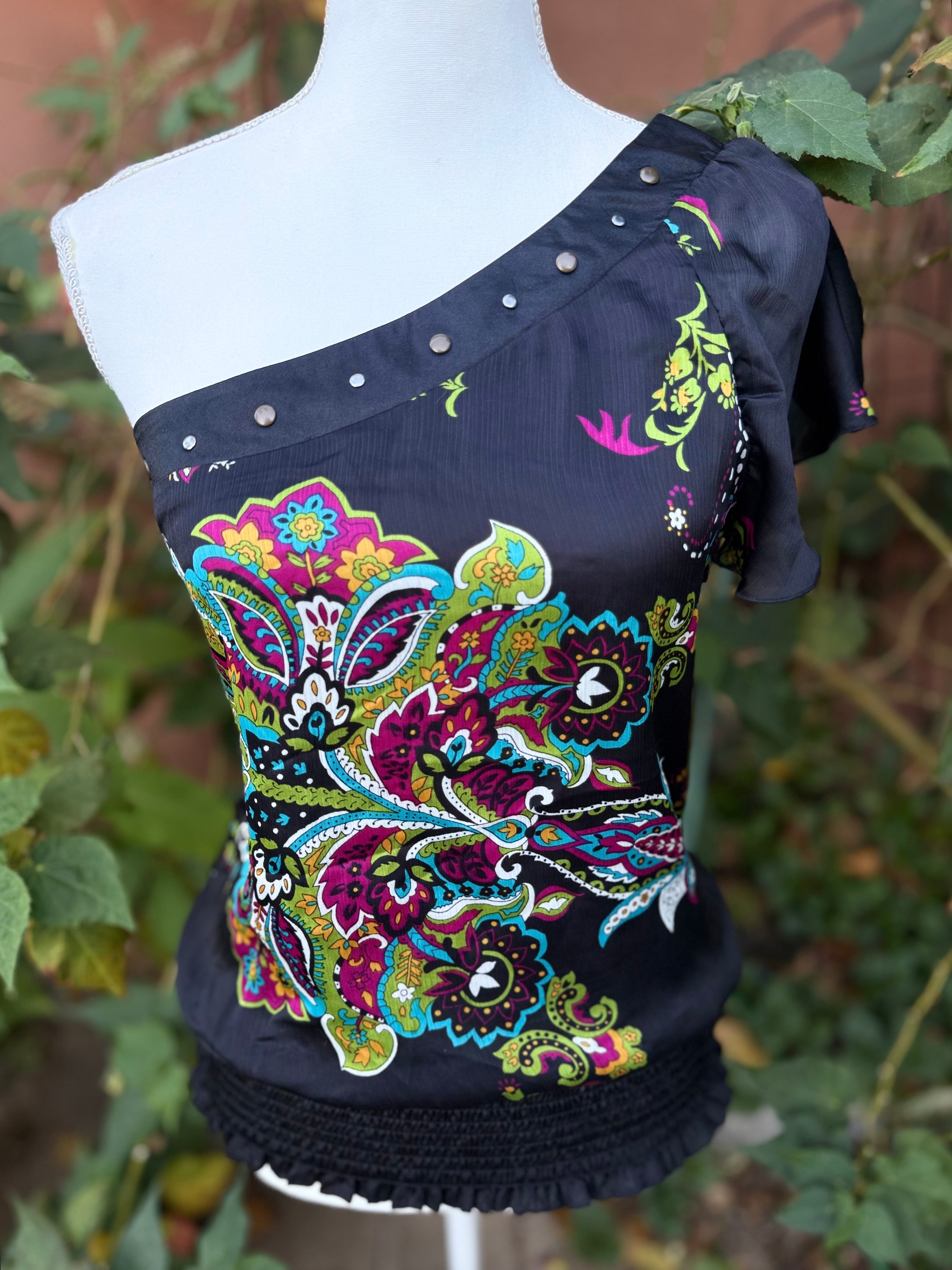 Heart Soul Vintage Y2K Off The Shoulder Black Cocktail Hour Paisley Floral Top Size M