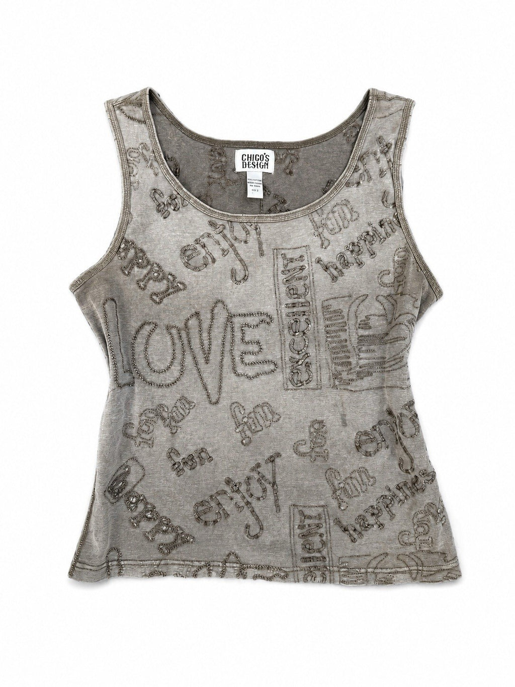 Chico's tan boho embroidered Fun Happy Love cotton tank top, women's L