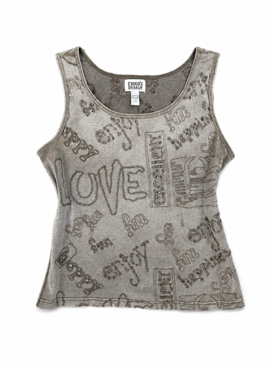 Chico's tan boho embroidered Fun Happy Love cotton tank top, women's L