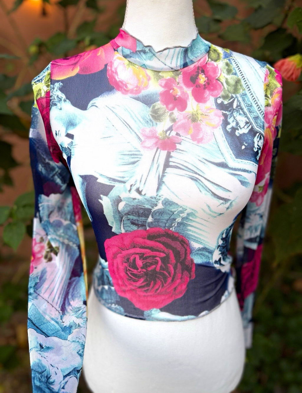 TIMING Women's Floral Sheer Mesh Mock Neck Long Sleeve Top Size S