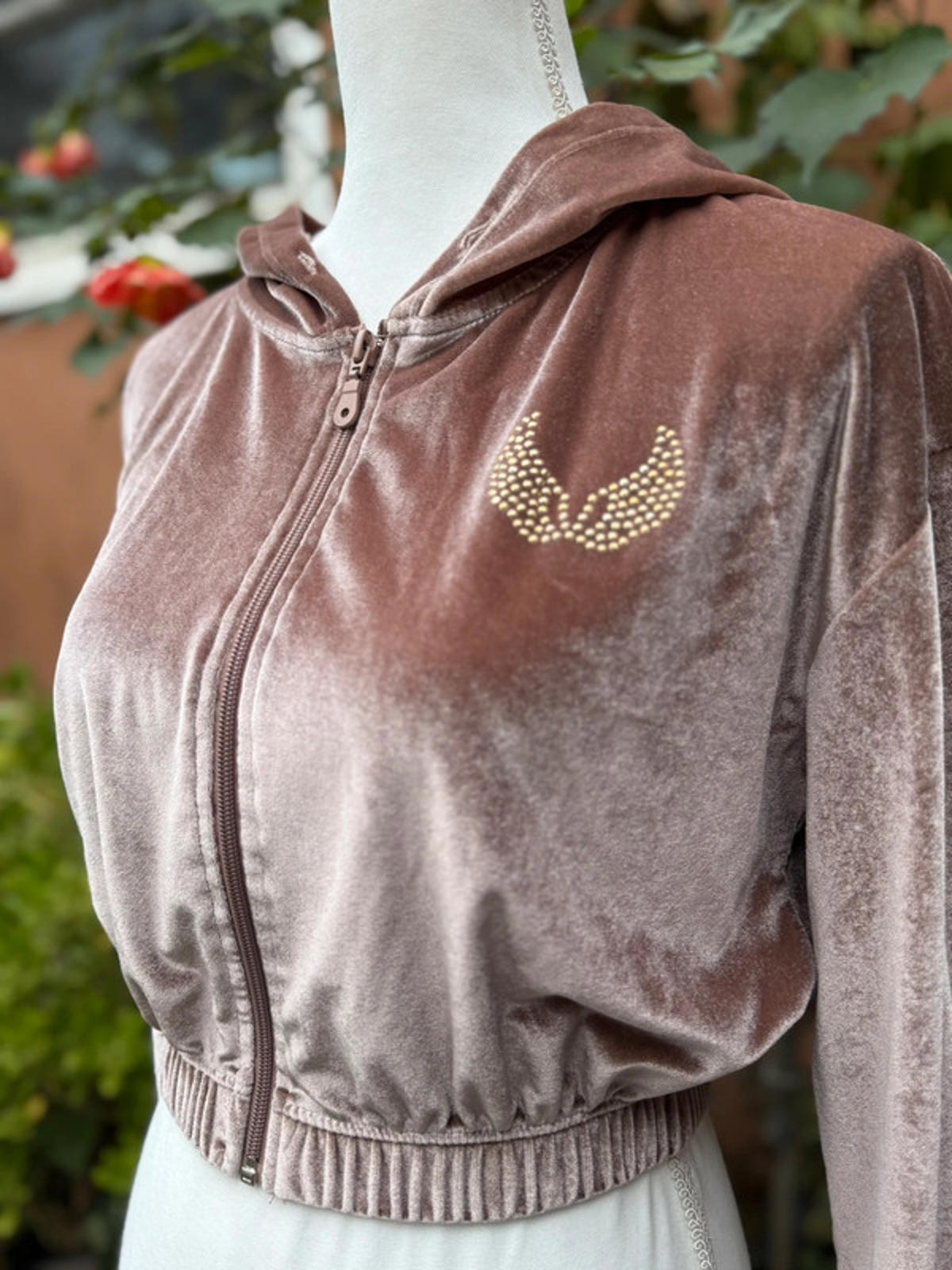 Social Scene Velour Rose Gold With Cute Angel Wings Cropped Hoodie Size M