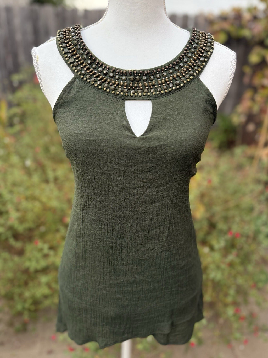 AB Studio Women's Olive Green Beaded Sleeveless Blouse Tank Top Size M