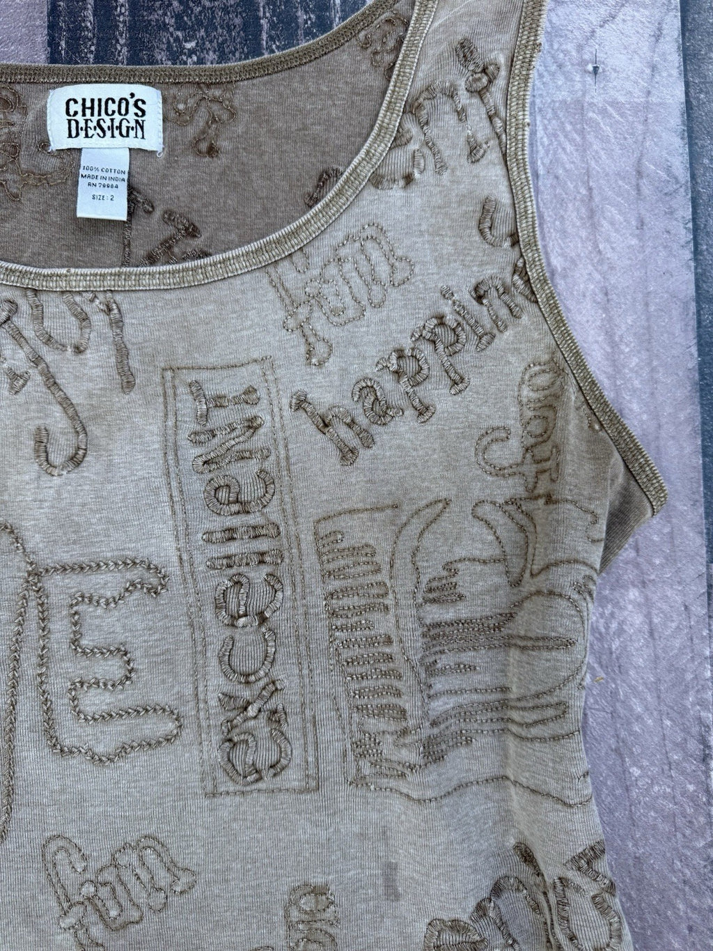 Chico's tan boho embroidered Fun Happy Love cotton tank top, women's L, photo 4