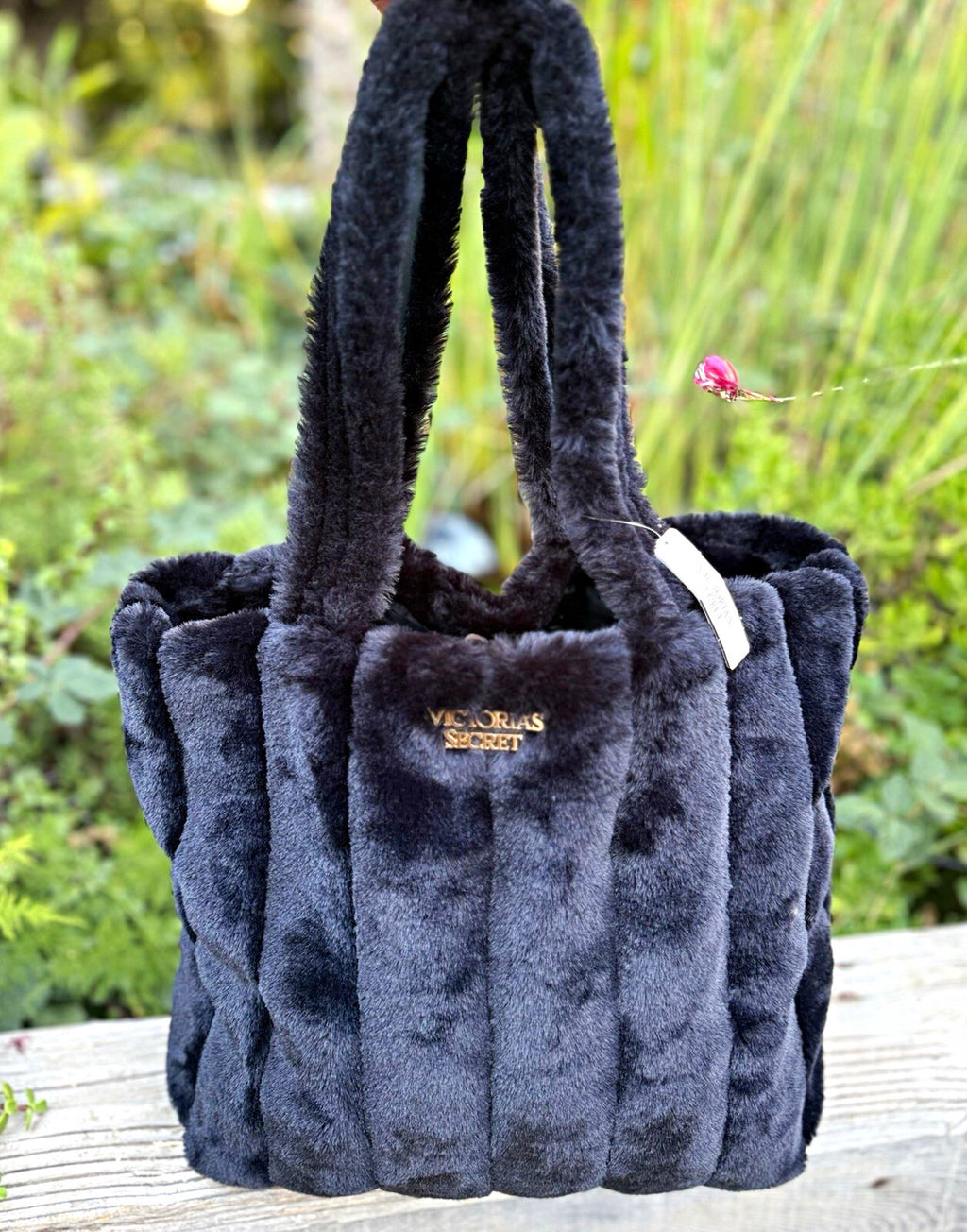 Victoria's Secret Black Faux Fur Quilted Tote Bag Purse New With Tags