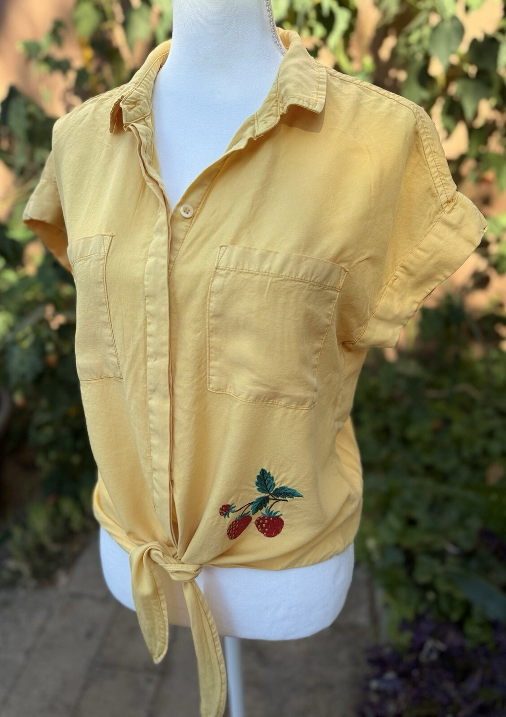 Velvet Heart yellow upcycled strawberry embroidered button up top, women's size S