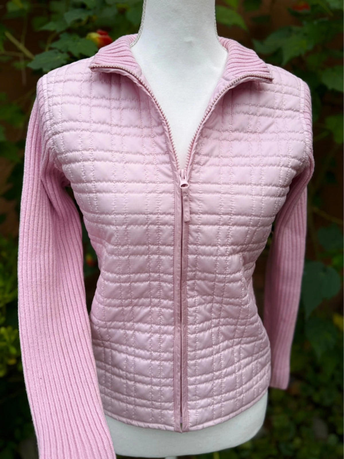 For Cynthia Pink Ribbed Sleeves Zip Jacket Size XS