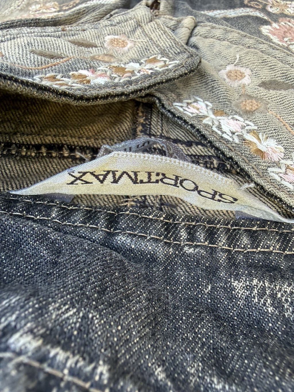 Sportmax Gray Floral Embroidered Euro Denim Jacket Full Zip Pockets Women's M