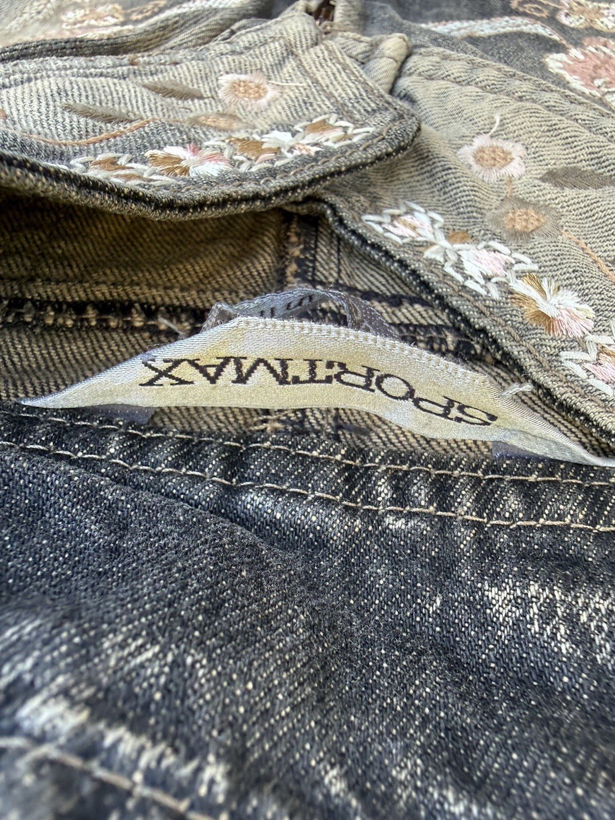 Sportmax Gray Floral Embroidered Euro Denim Jacket Full Zip Pockets Women's M