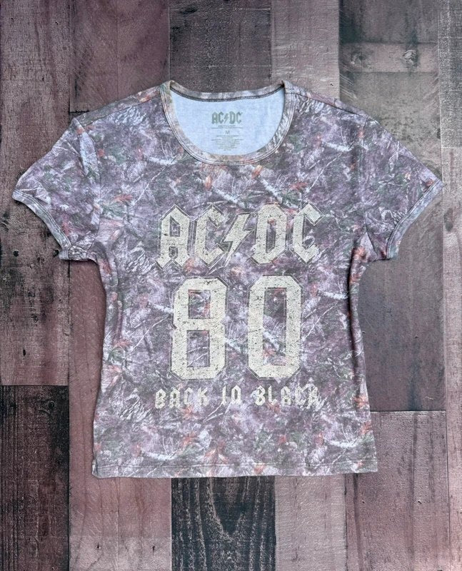 AC/DC Camouflage Rock & Roll Women’s Cropped Tee Size M