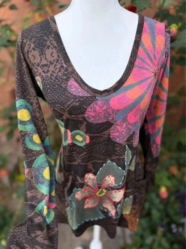 Desigual Boho Floral Print Long Sleeved Tunic Top Size XL (Measurements Below)
