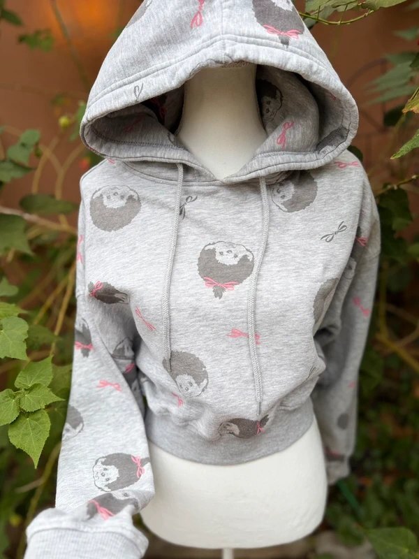 Monchhichi Gray Cropped Hoodie With Pink Bows Size S