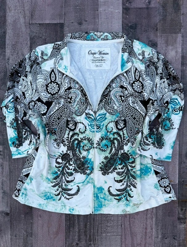 Onque Woman bedazzled aqua and black paisley full zip knit top plus size 2X, front view