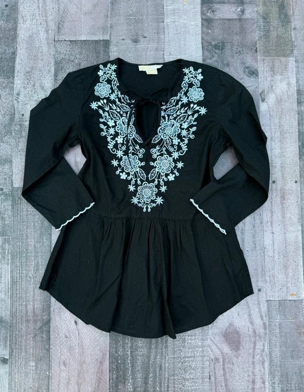 MICHAEL Michael Kors black embroidered cotton blouse women's size S, front view