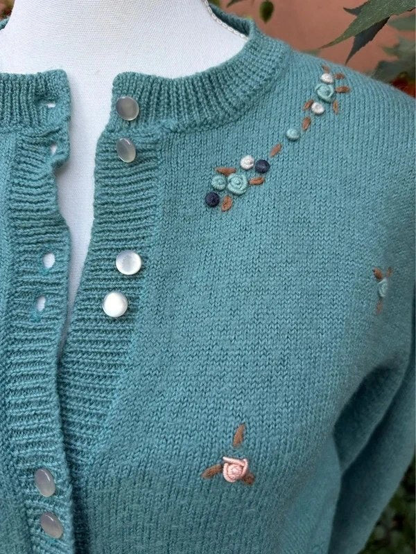 Dusty Aqua Rose Embroidered Vintage Sweater Size S (Measurements Below)