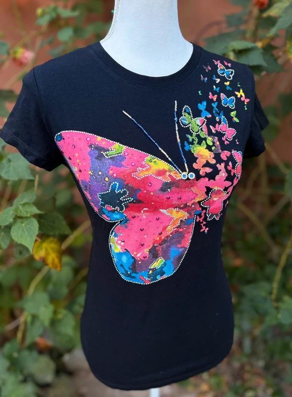 Vinizbena Euro Short Sleeved Butterfly Bedazzled Short Sleeved Black Tee Size S