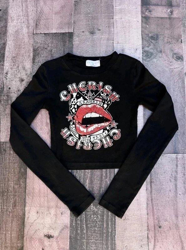 Meysikim Grunge Cherish Graphic Long Sleeved Juniors Tee Size M