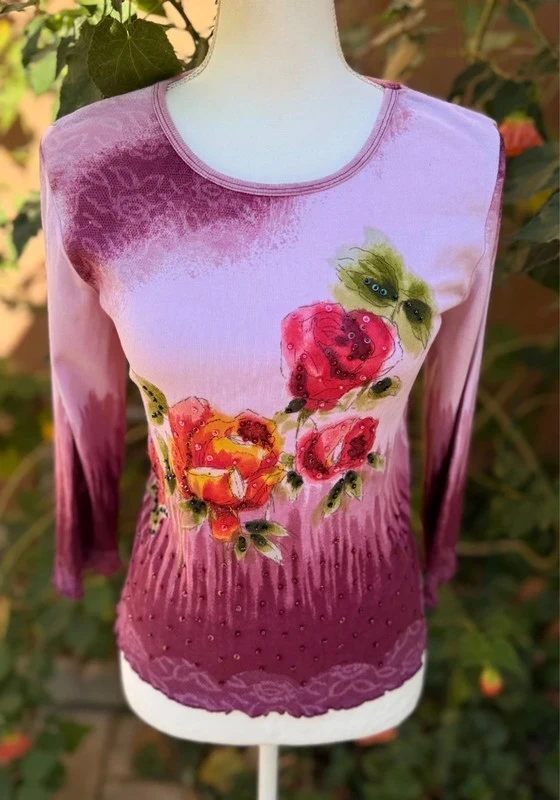 Chaudry Sports Beaded Sequins Floral Pink Hues Stretch Top Size XL
