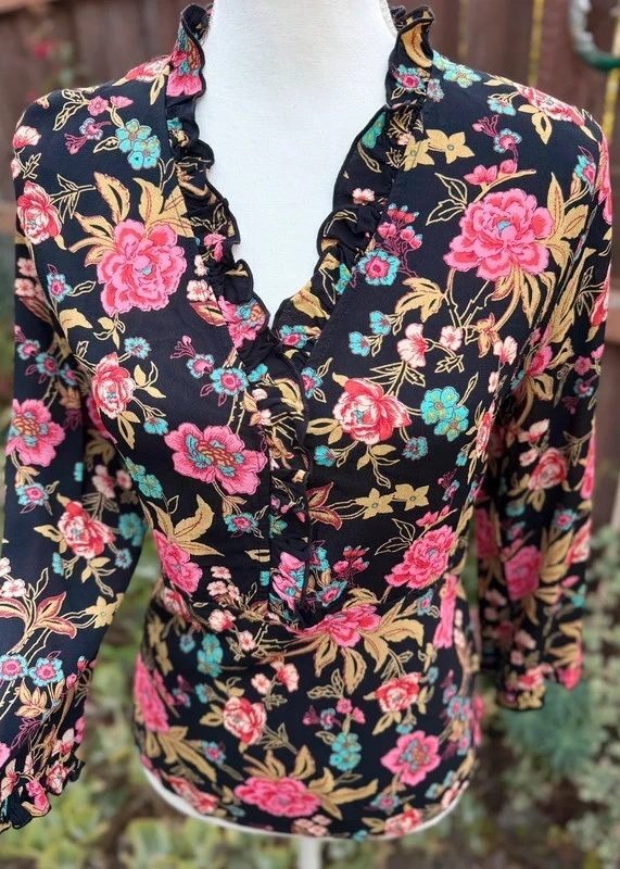 Loco Lindo Floral Black Office Or Cocktail Hour Blouse Size M (Measurements Below)