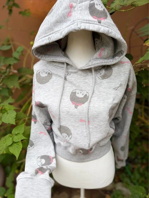 Monchhichi Gray Cropped Hoodie With Pink Bows Size S