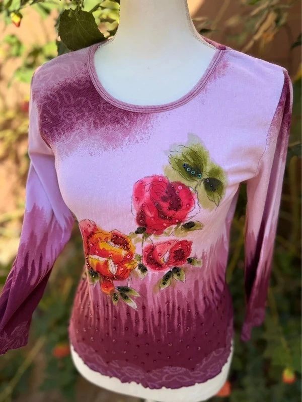 Chaudry Sports Beaded Sequins Floral Pink Hues Stretch Top Size XL