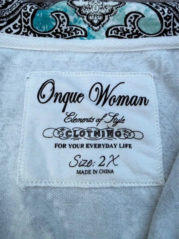 Onque Woman bedazzled aqua and black paisley full zip knit top plus size 2X, additional view