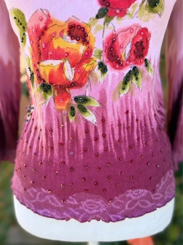 Chaudry Sports Beaded Sequins Floral Pink Hues Stretch Top Size XL
