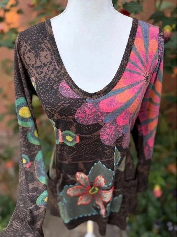 Desigual Boho Floral Print Long Sleeved Tunic Top Size XL (Measurements Below)