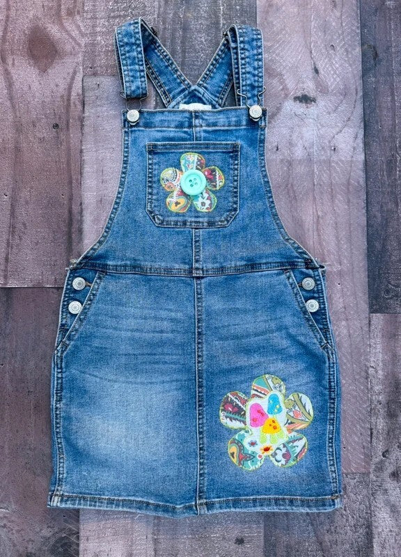 So Upcycled Overalls Boho Paisley & Mushrooms Skirt Size 8 Girls