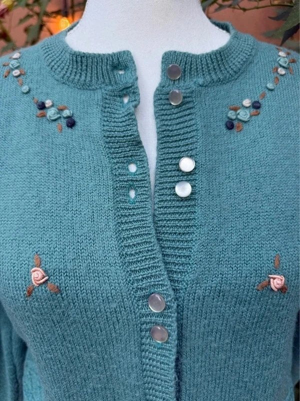 Dusty Aqua Rose Embroidered Vintage Sweater Size S (Measurements Below)