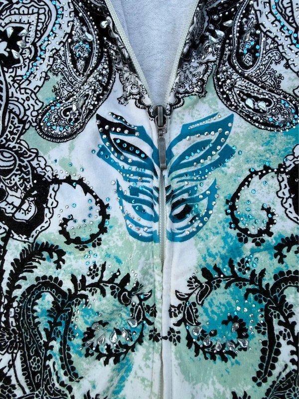 Onque Woman bedazzled aqua and black paisley full zip knit top plus size 2X, detail view