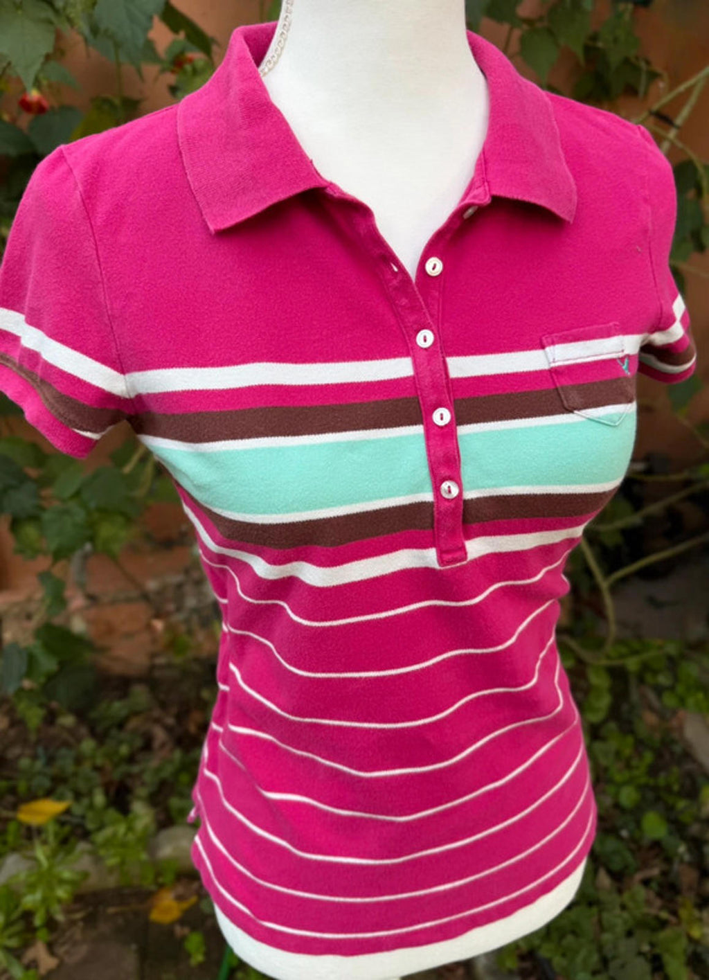 American Eagle Y2K Hot Pink & Aqua Stripe Polo Women’s Top Size M